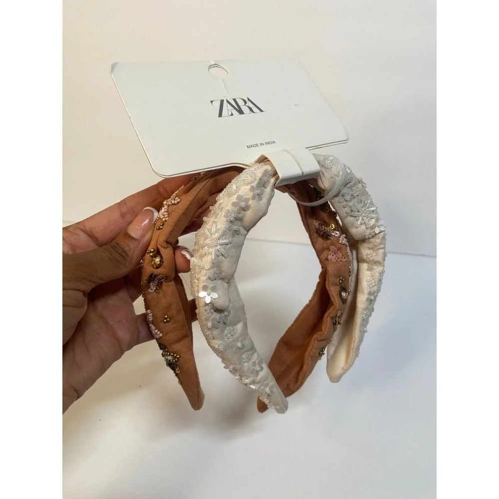 Zara Headband Set Girls M Beaded Floral Cream Orange 2 Pack NWT Boho Cottage